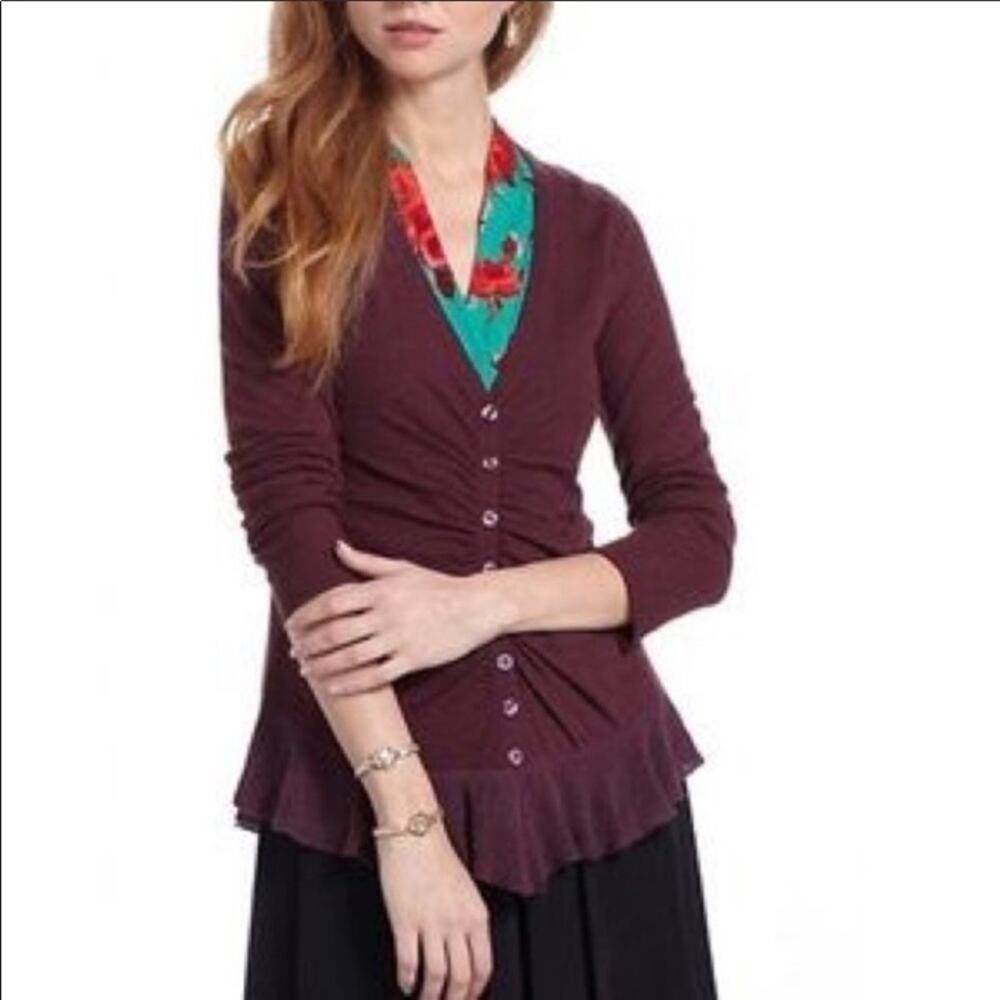 Anthropologie Rosie Neira Button Trail Burgandy Cardigan
